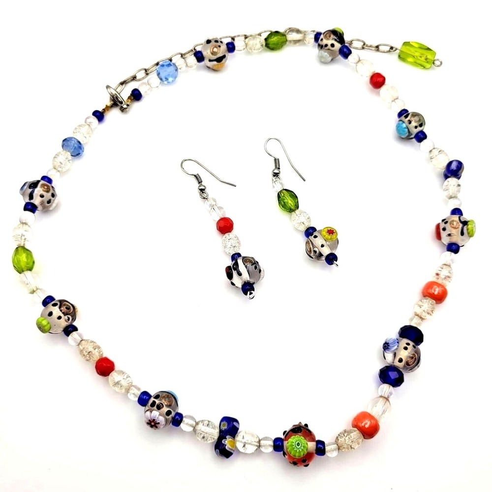 Lampwork Beads and Clear Glass Handmade Beaded 18" Necklace and Earrings‎